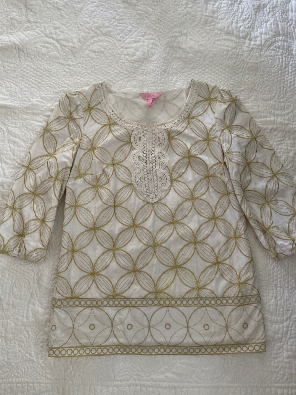 LIlly Pulitzer Off White Gold Embroidery Tunic Top- CS